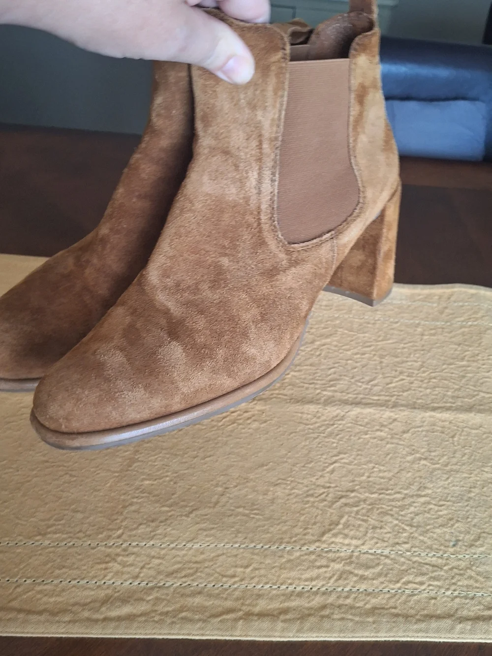 Designer Pedro Garcia Tan Suede Block Heel Chelsea Booties 10